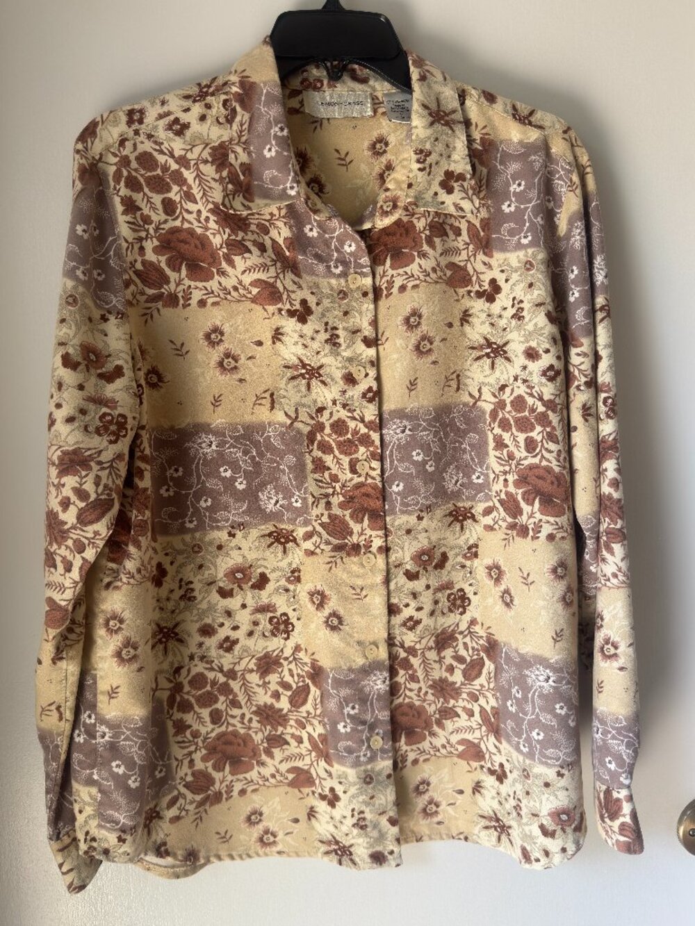 Lemon Grass Patchwork Blouse Womens Large L Brown Beige Floral Cottagecore Top
